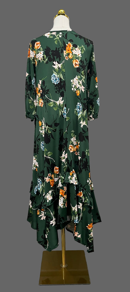 Ruffled Dress-H Green/ Floral