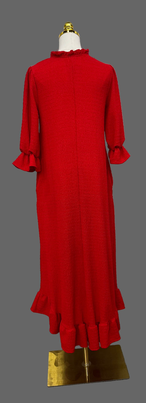 Solid Puff Sleeve Dress(Red)
