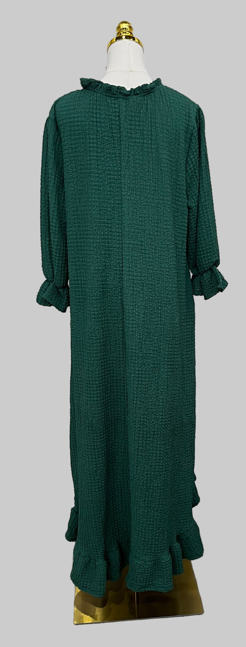 Solid Puff Sleeve Dress(Hunter Green)