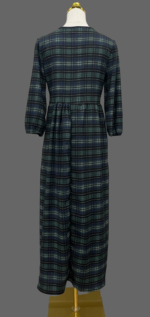 Plaid Front Tie Bow Dress-Hunter Green
