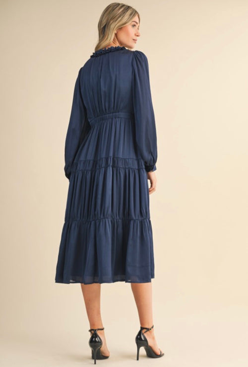 Ruffle Neck Tiered Dress-Midnight Blue