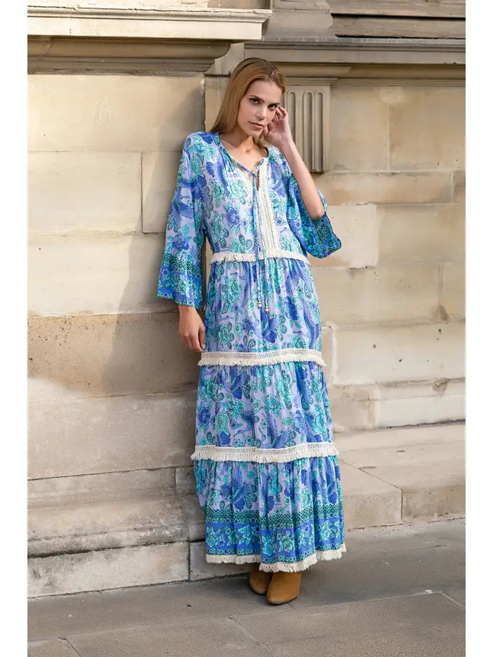 beulah style maxi dress Audrey Floral Printed Sheer Flounce Maxi Dress S / YELLOW