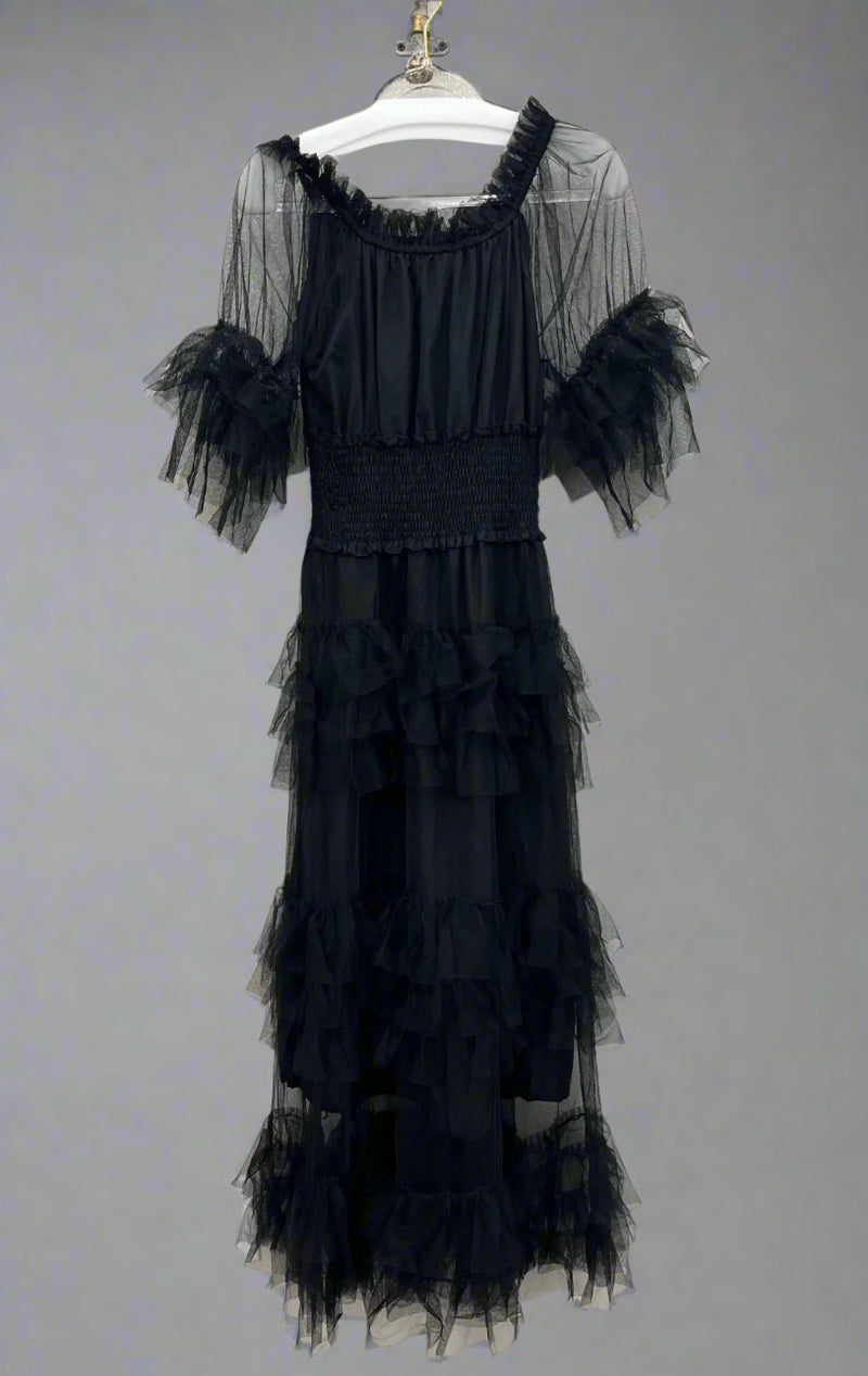Tulle Ruffled Dress-Black