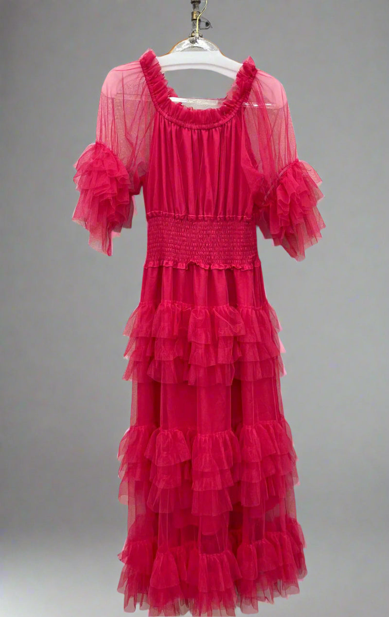 Tulle Ruffled Dress-Fuchsia