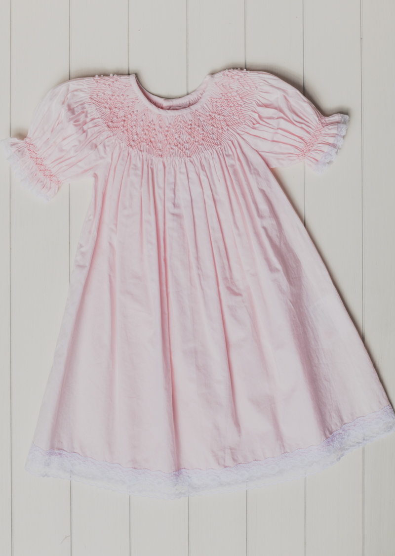 Baby Pink Smocked Bishop W/ Lace & Pearls